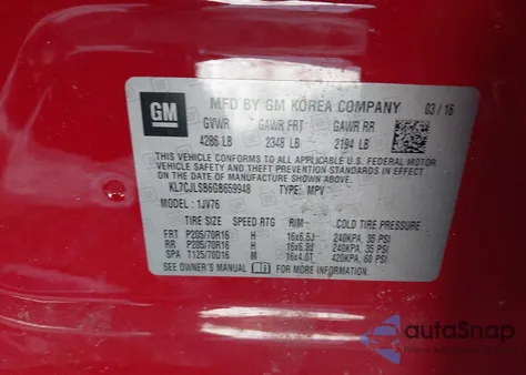 2016 Chevrolet Trax Lt z USA, uszkodzony, nr VIN KL7CJLSB6GB659948